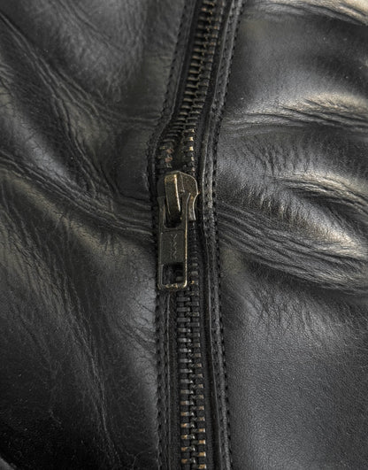 Close-up of a black leather jacket with a zipper