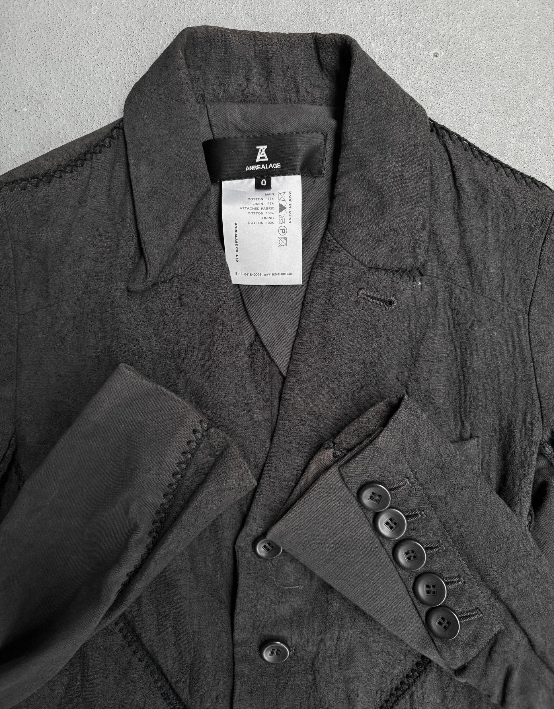 Dark gray coat with buttons and a visible brand tag on a light gray background