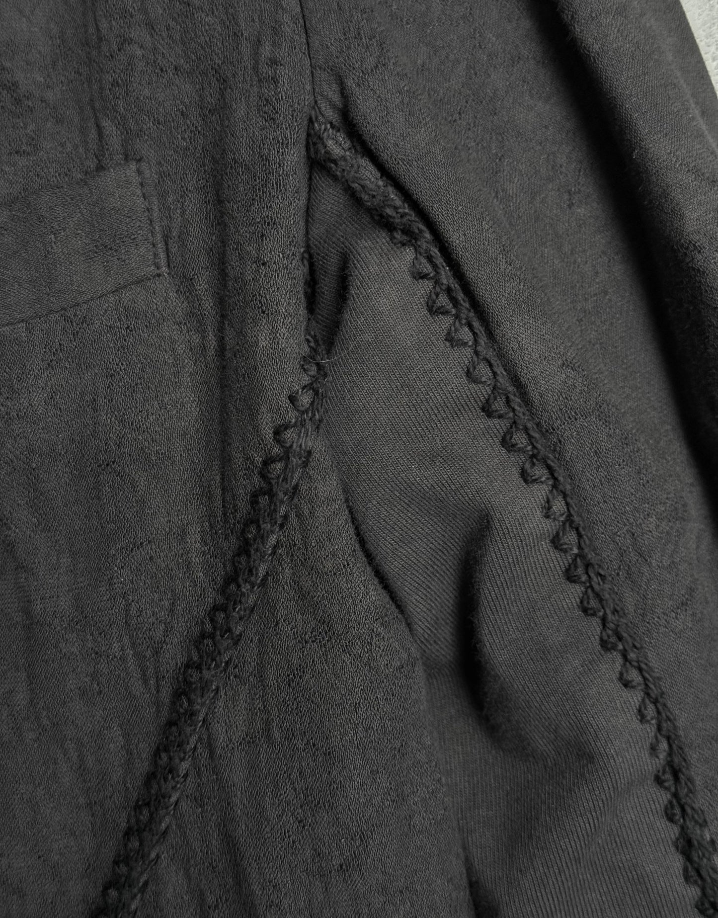 Close-up of a dark gray fabric with stitching detail