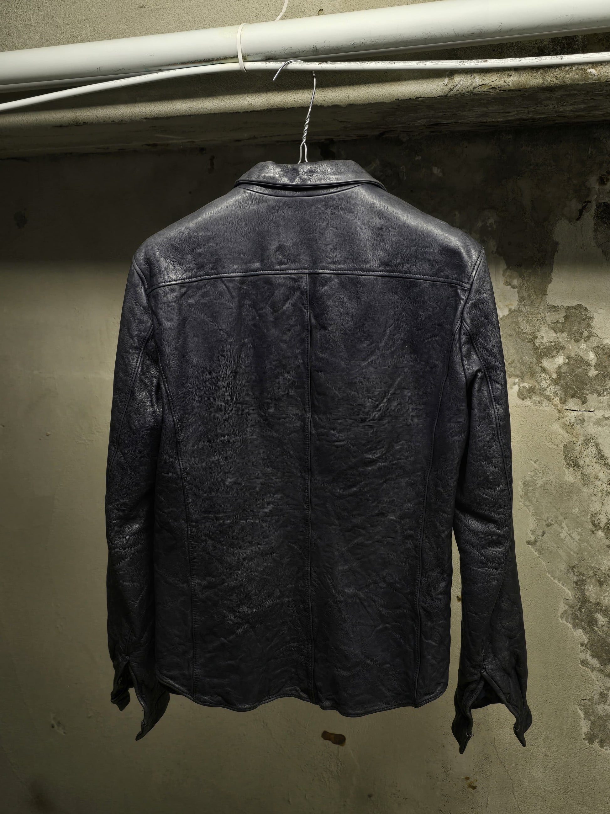 Carpe Diem 00s Object-dyed Indigo Washable Cowhide Leather Shirt detail | DRIEW GARMENTS