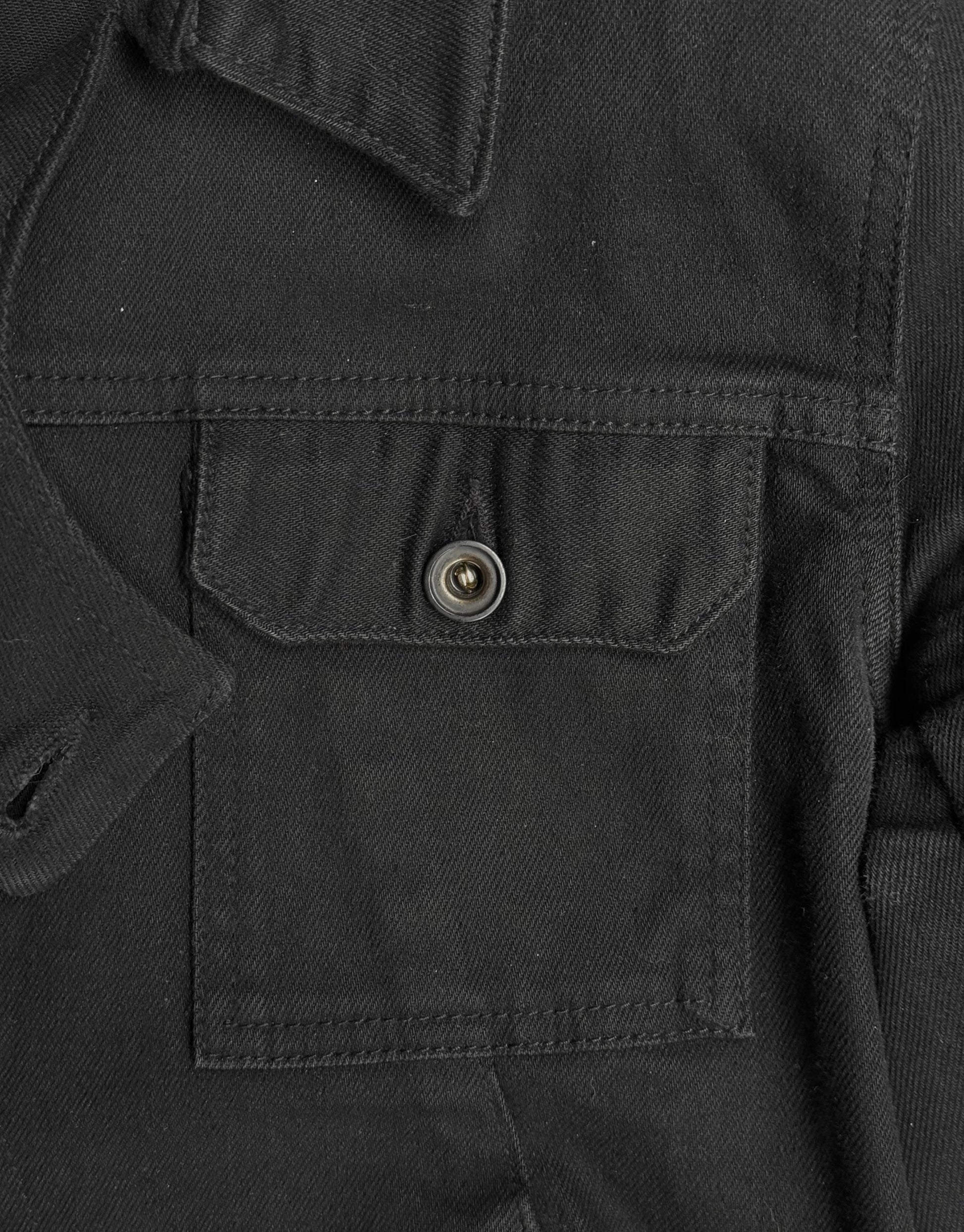 Close-up of a black jacket with a buttoned pocket