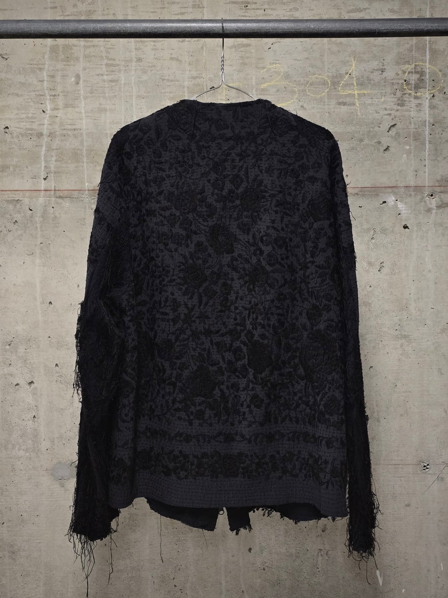 By Walid Black Silk Floral Embroidered Sashiko Fringe Front Zip Jacket