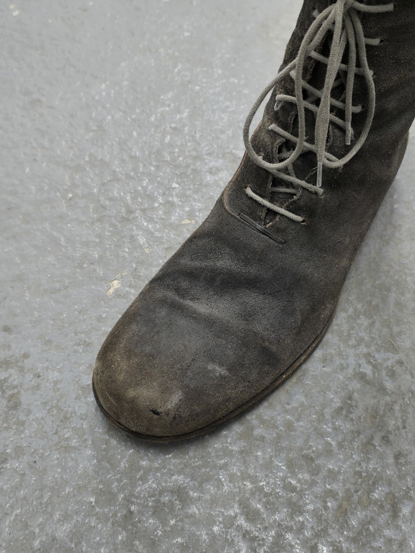 m.a+ by Maurizio Amadei 2010s Tall Lace-up Reverse Cow Leather Gothic Boots detail | DRIEW GARMENTS