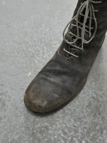 m.a+ by Maurizio Amadei 2010s Tall Lace-up Reverse Cow Leather Gothic Boots detail | DRIEW GARMENTS
