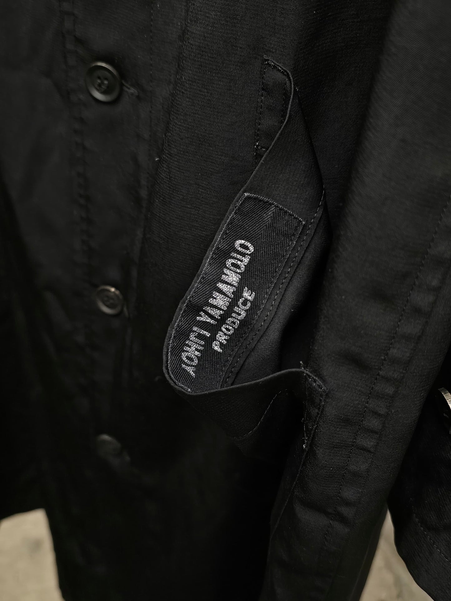 Yohji Yamamoto POUR HOMME SS24 Triacetate Poly Tuxedo Oversized Long Coat detail | DRIEW GARMENTS