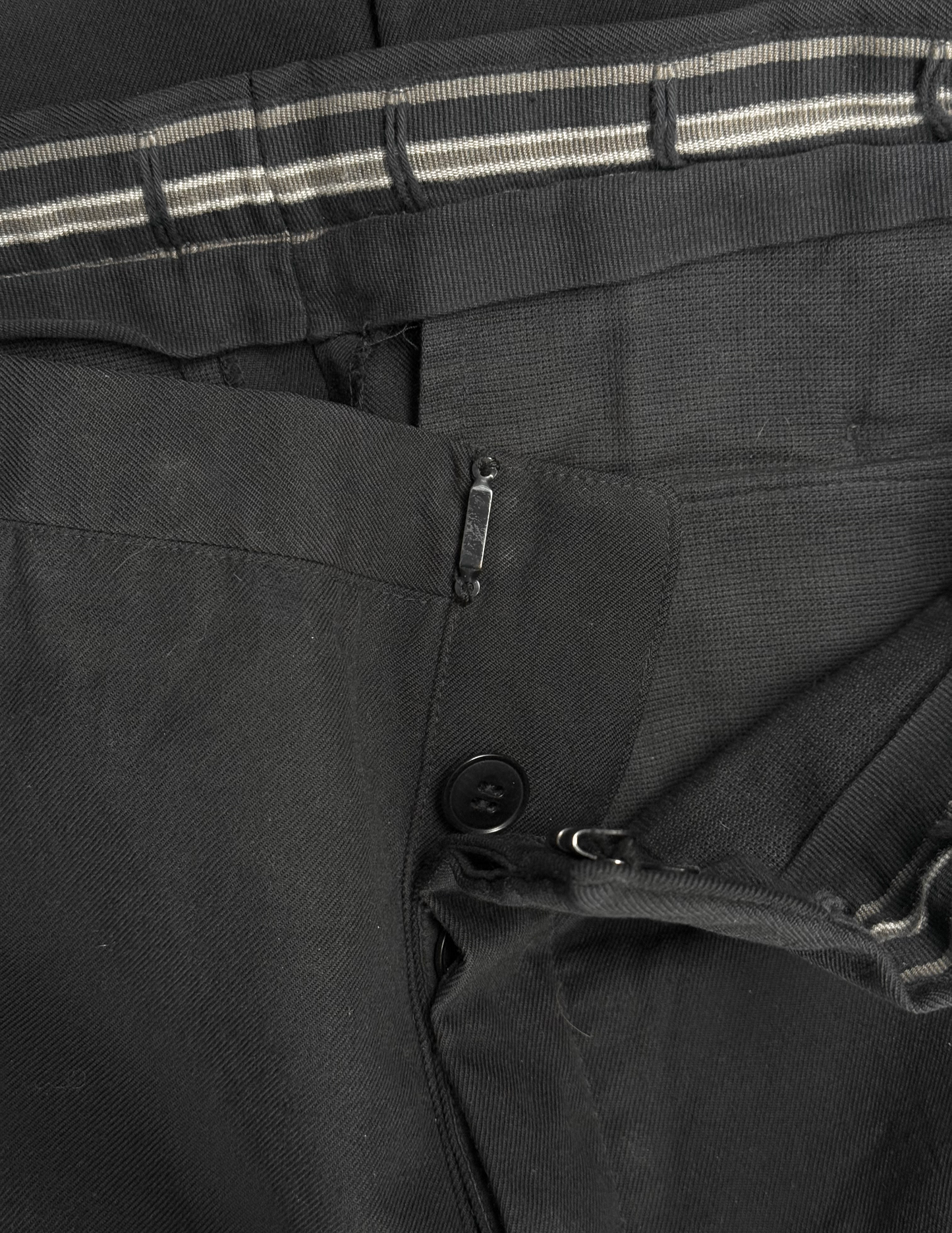Close-up of dark gray pants with a zipper and button detail.