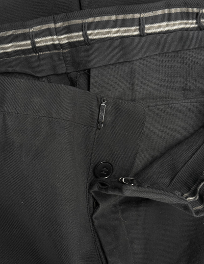 Close-up of dark gray pants with a zipper and button detail.