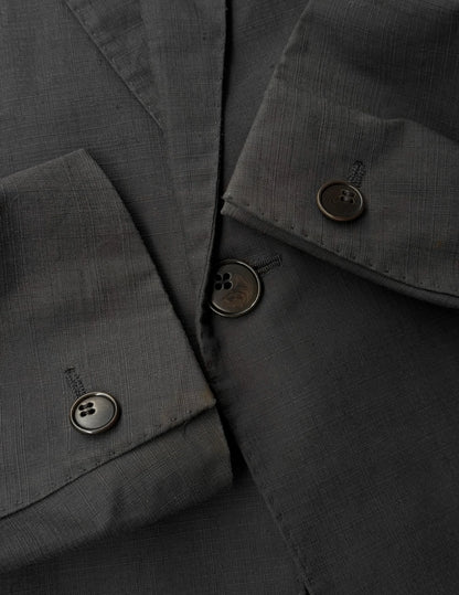 Close-up of a dark gray fabric with buttons on a garment