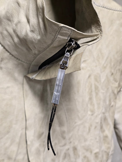 Isaac Sellam: “Experience” Pale Yellow Overlock High Neck Metal Spine Lambskin Leather Jacket