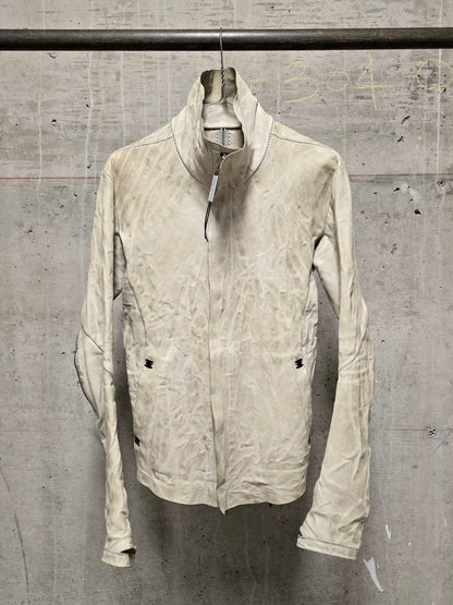 Isaac Sellam: “Experience” Pale Yellow Overlock High Neck Metal Spine Lambskin Leather Jacket
