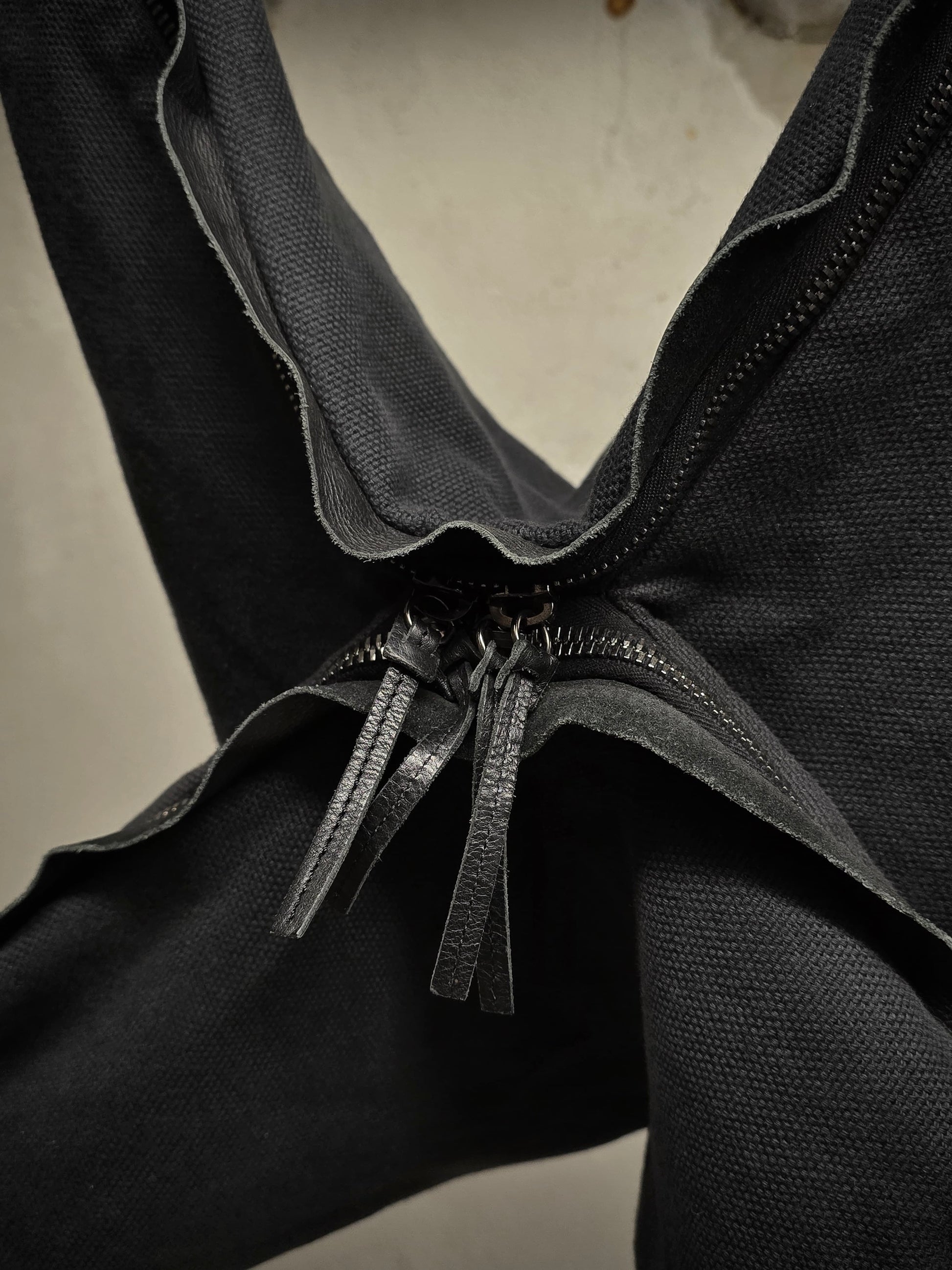 DAMIR DOMA SILENT by DAMIR DOMA 2010s Washed Black Cotton Canvas Zipper X-Back Pack detail | DRIEW GARMENTS