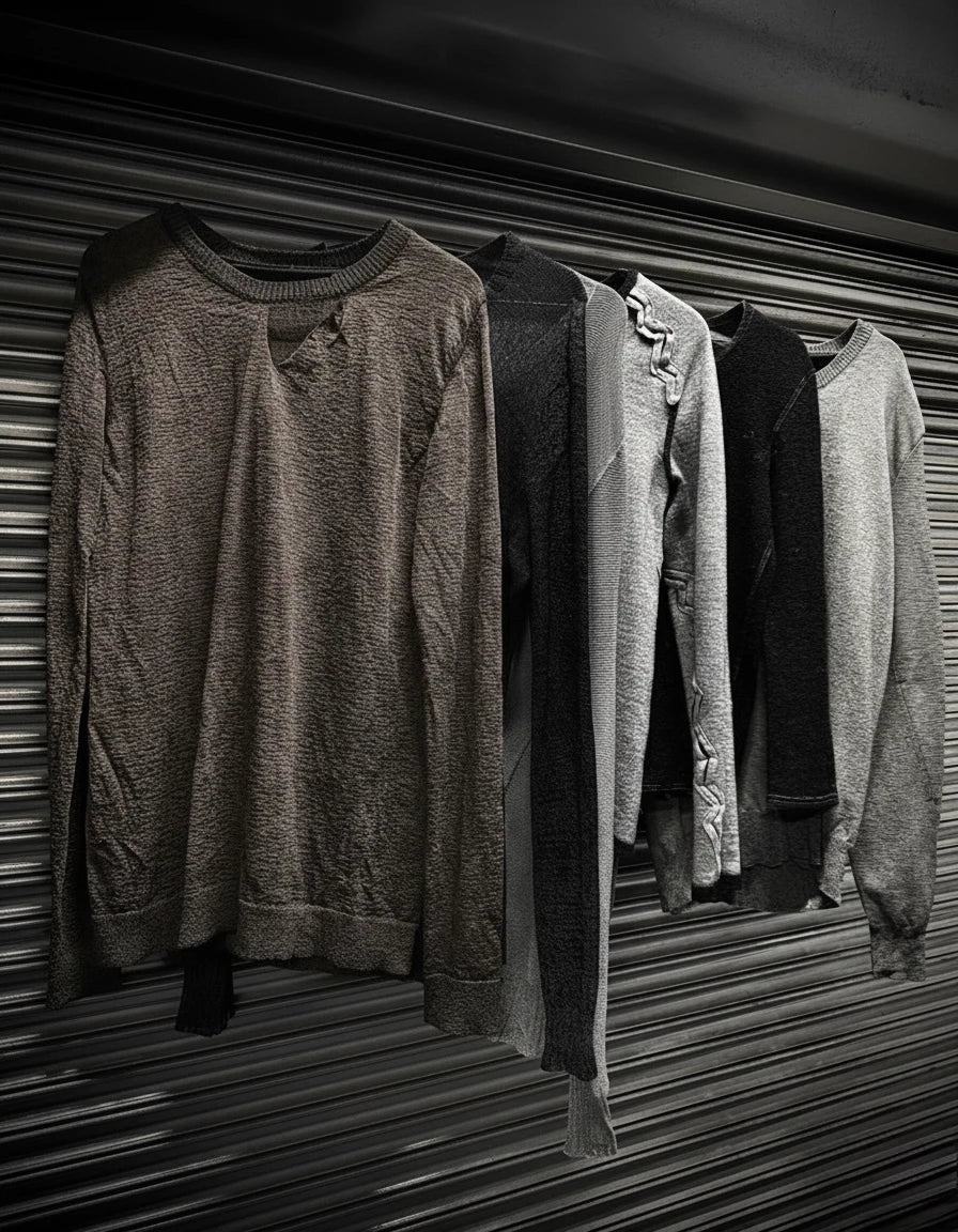 Row of sweaters hanging on a metal rack with a textured wall background