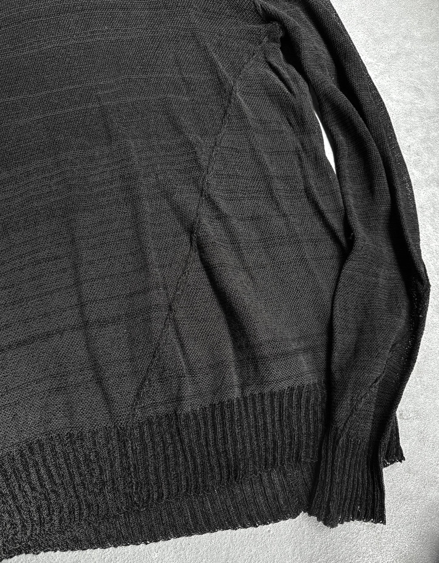 Close-up of a dark gray sweater on a light gray background