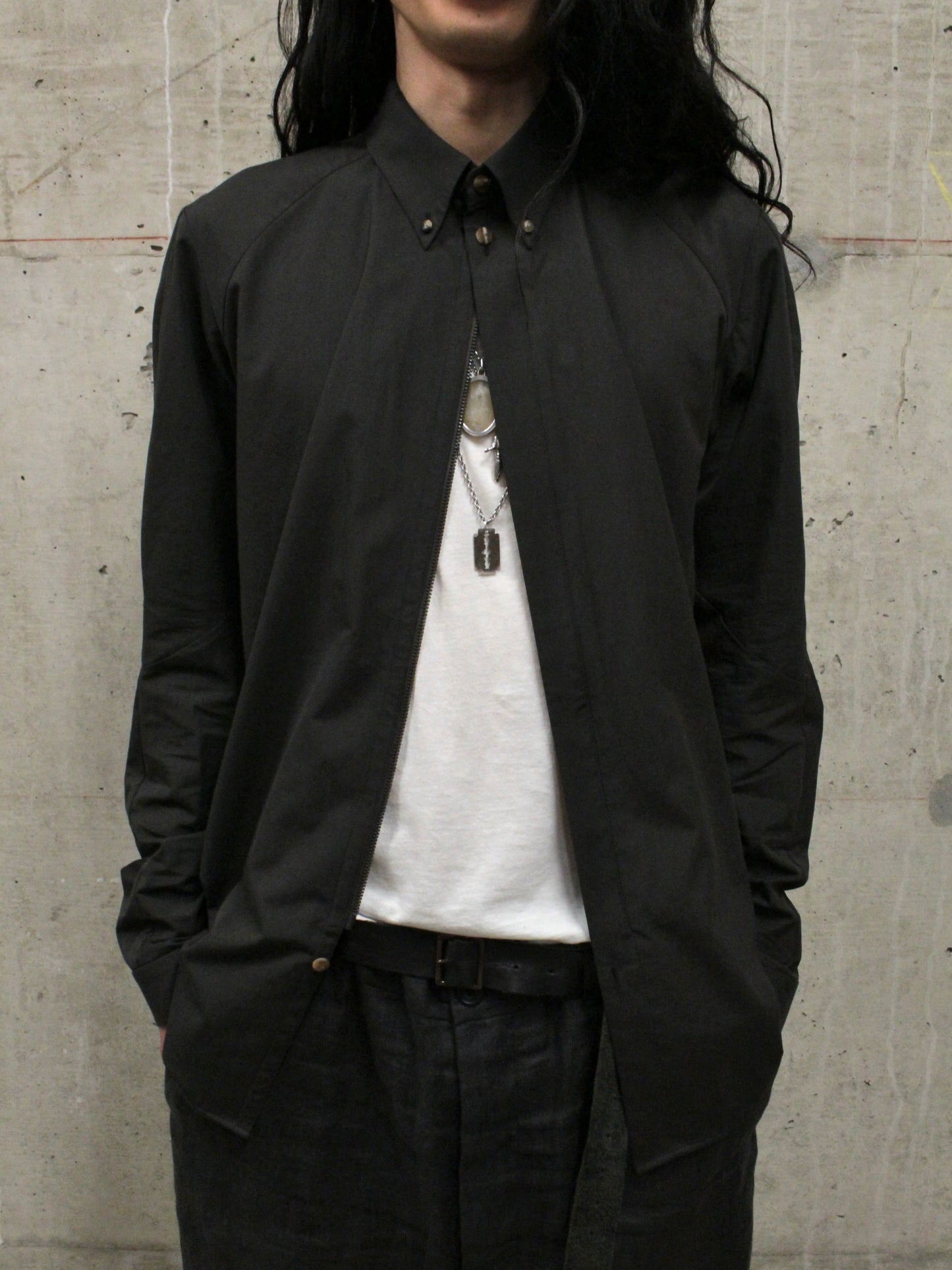 DEVOA Charcoal Grey Anatomical Oxford Button Down Collar Zip Shirt