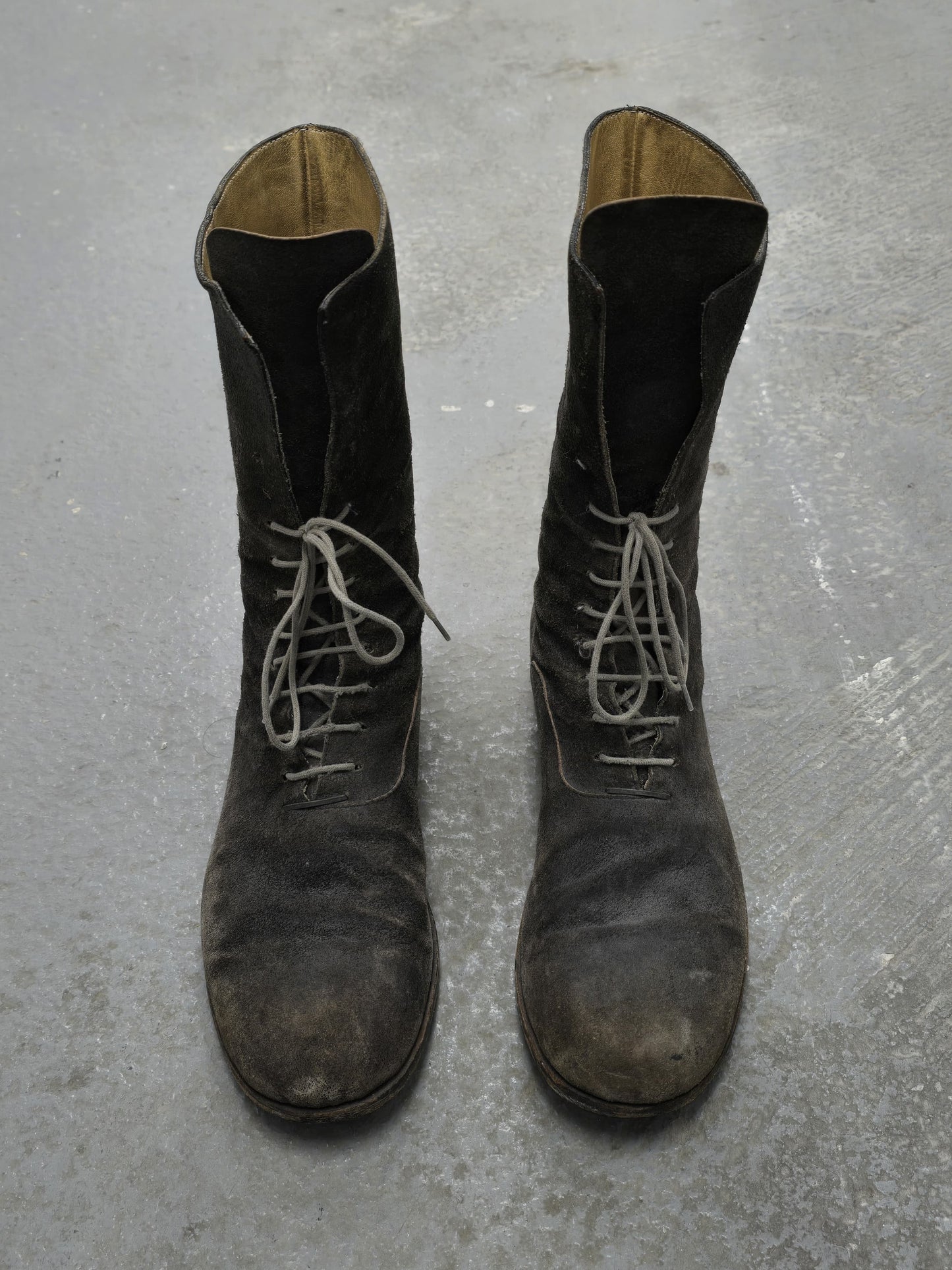 m.a+ by Maurizio Amadei 2010s Tall Lace-up Reverse Cow Leather Gothic Boots detail | DRIEW GARMENTS
