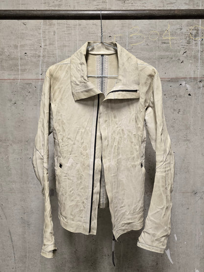 Isaac Sellam: “Experience” Pale Yellow Overlock High Neck Metal Spine Lambskin Leather Jacket