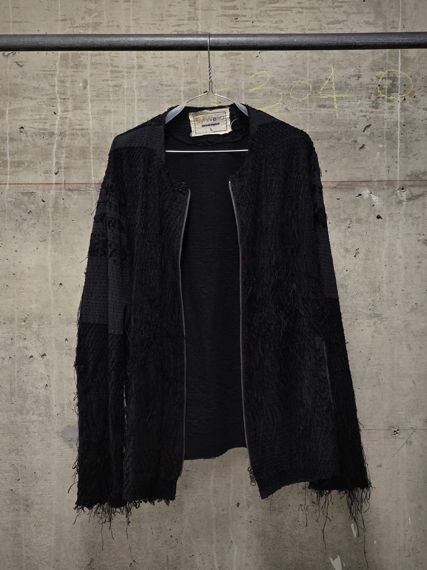 By Walid Black Silk Floral Embroidered Sashiko Fringe Front Zip Jacket