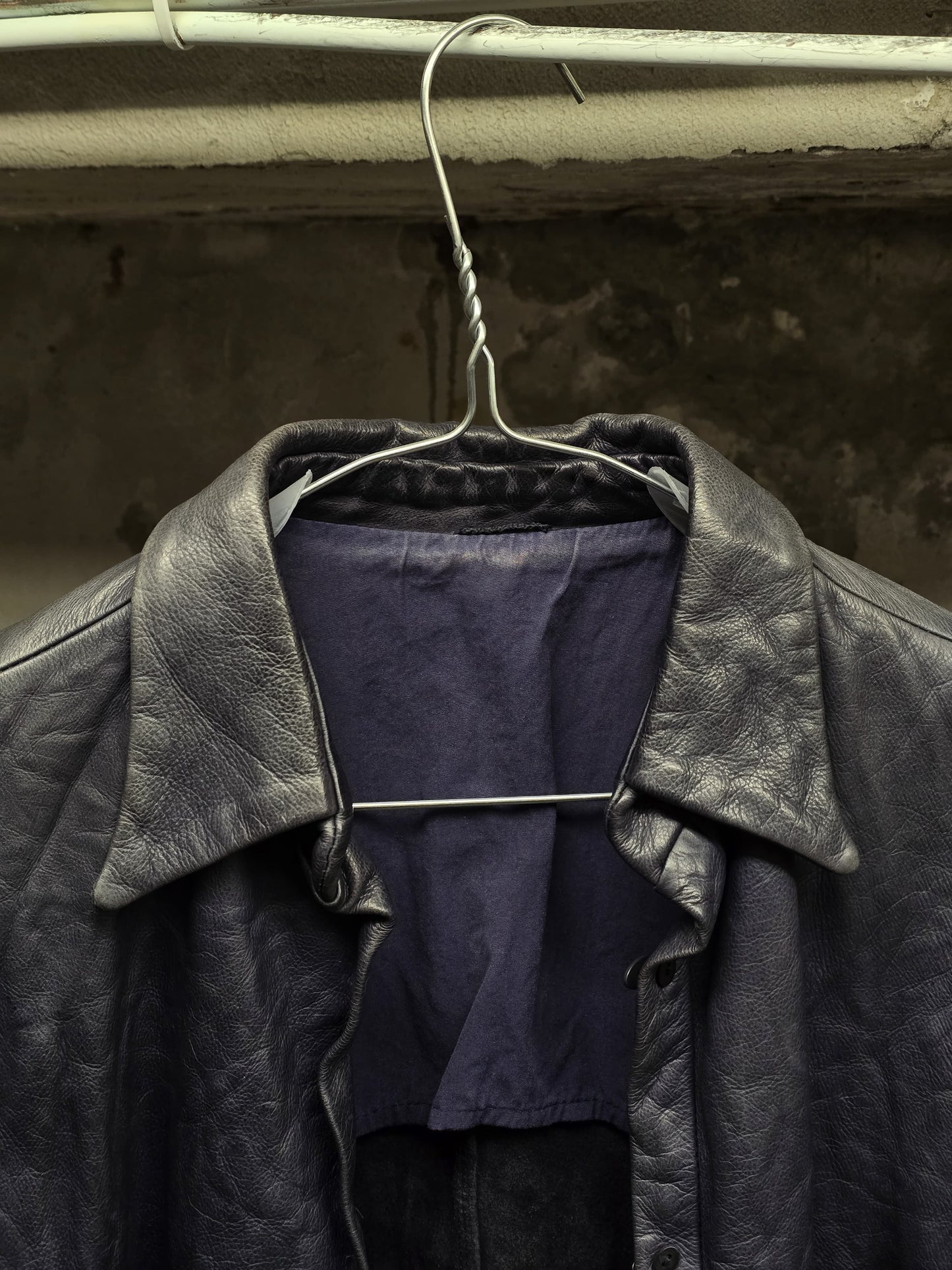 Carpe Diem 00s Object-dyed Indigo Washable Cowhide Leather Shirt detail | DRIEW GARMENTS