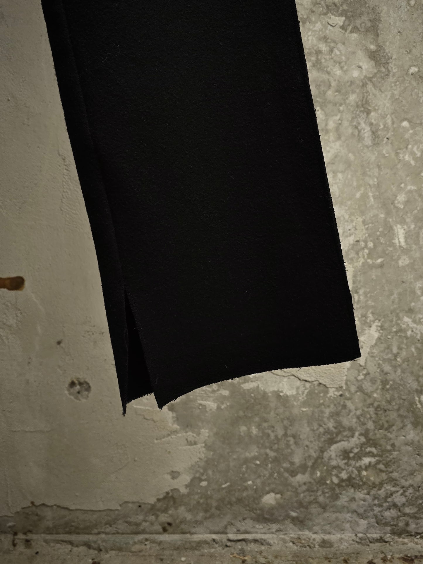Isamu Katayama "BACKLASH" Blistered Sheepskin Trim Wool Bootcut Pants detail | DRIEW GARMENTS