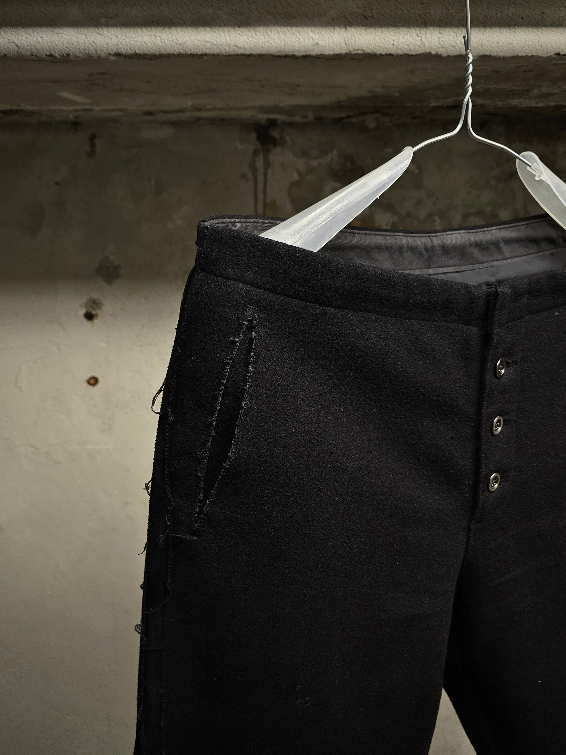 Isamu Katayama "BACKLASH" Blistered Sheepskin Trim Wool Bootcut Pants detail | DRIEW GARMENTS