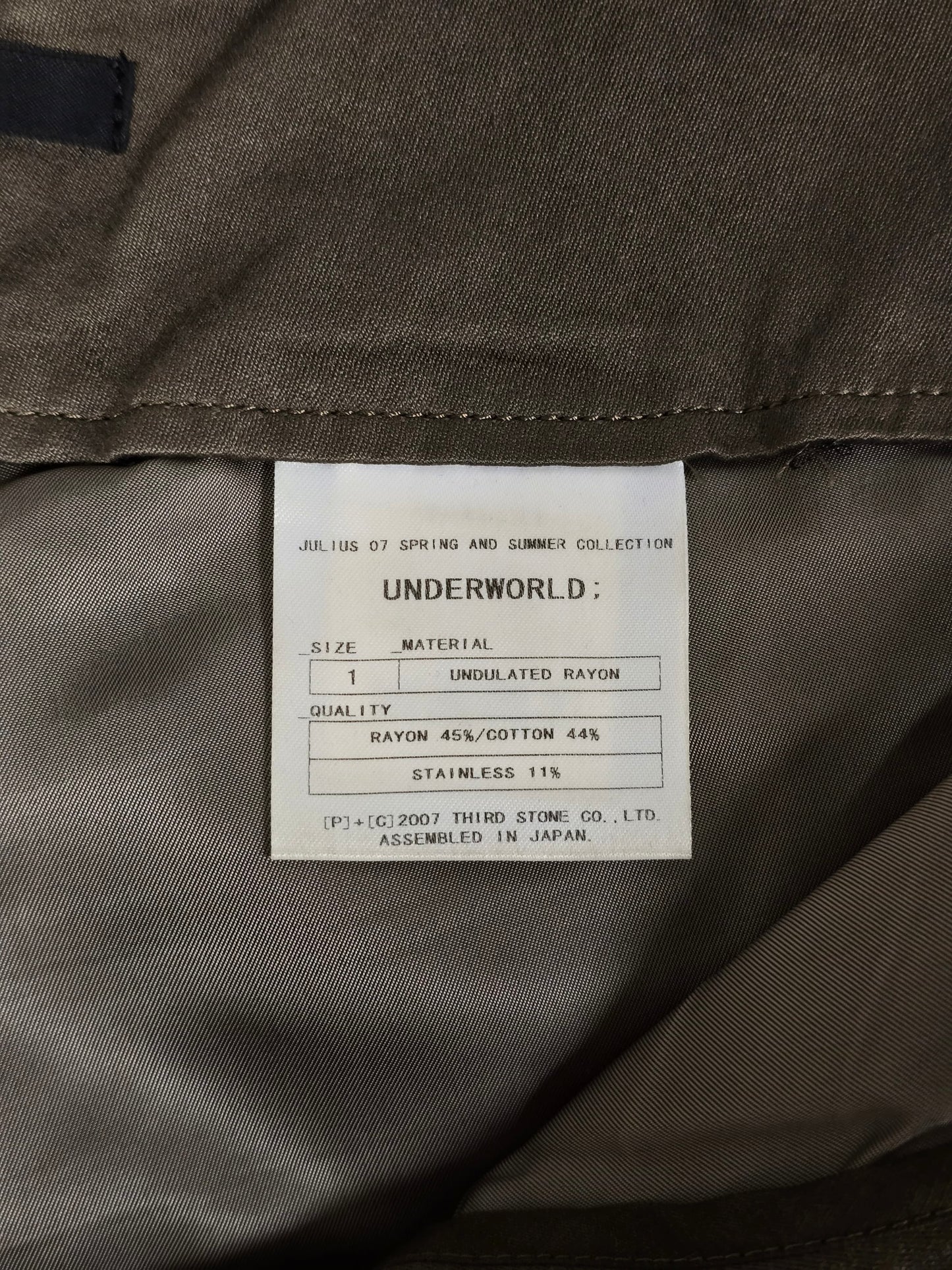 Julius_7 SS07 "UNDERWORLD;" Khaki Undulated Rayon Military Cargo Pants