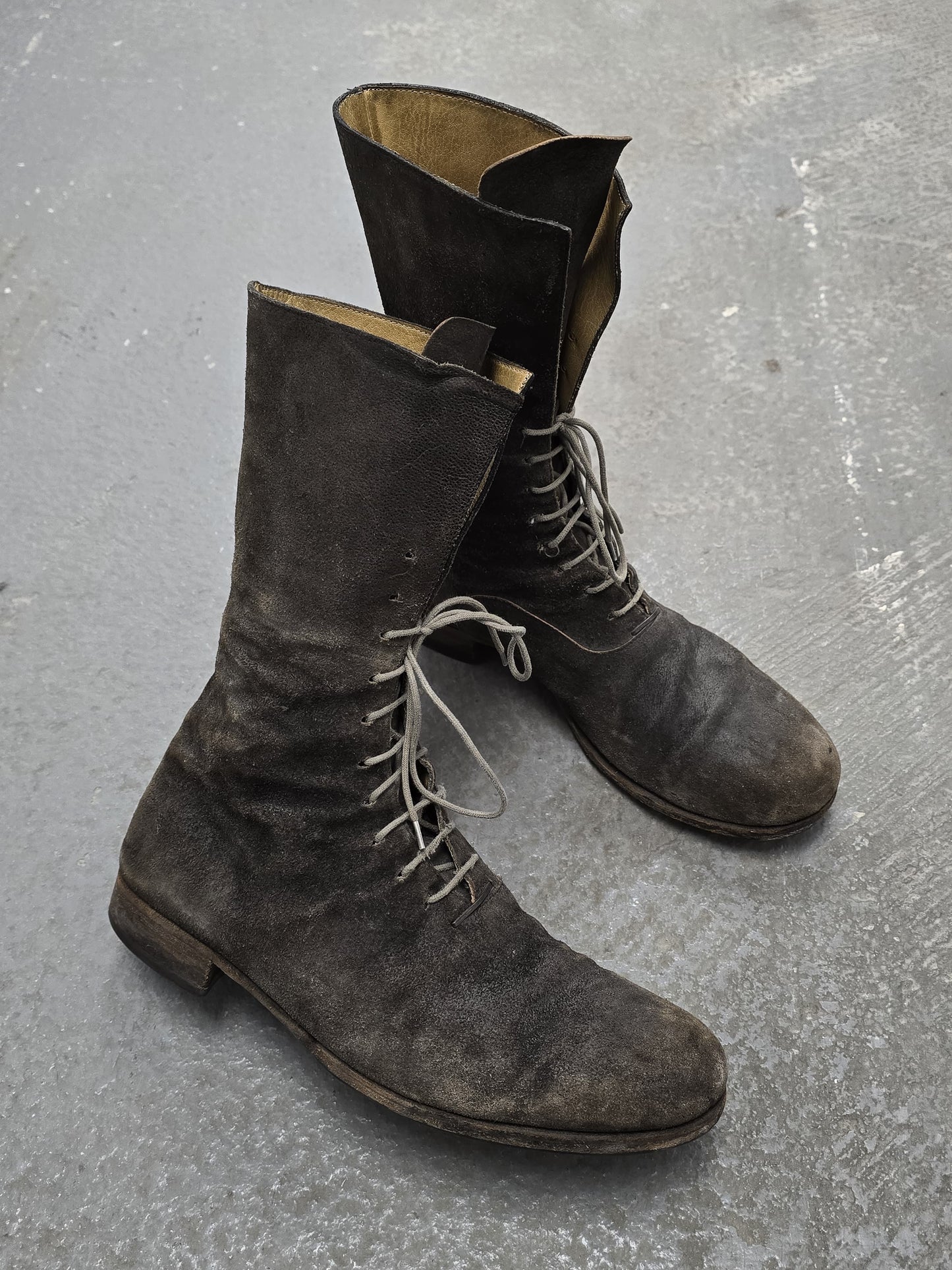 m.a+ by Maurizio Amadei 2010s Tall Lace-up Reverse Cow Leather Gothic Boots detail | DRIEW GARMENTS