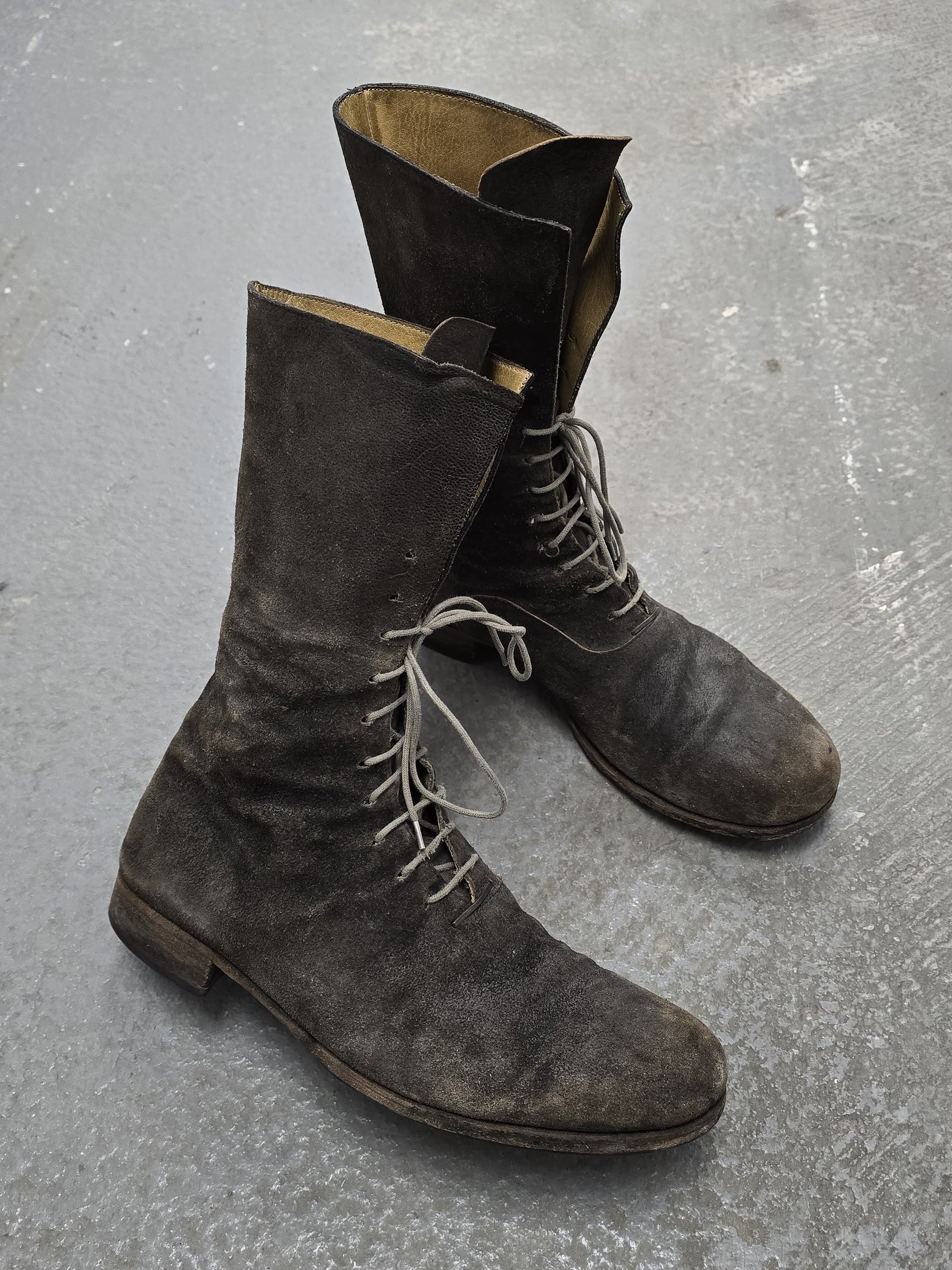 m.a+ by Maurizio Amadei 2010s Tall Lace-up Reverse Cow Leather Gothic Boots detail | DRIEW GARMENTS