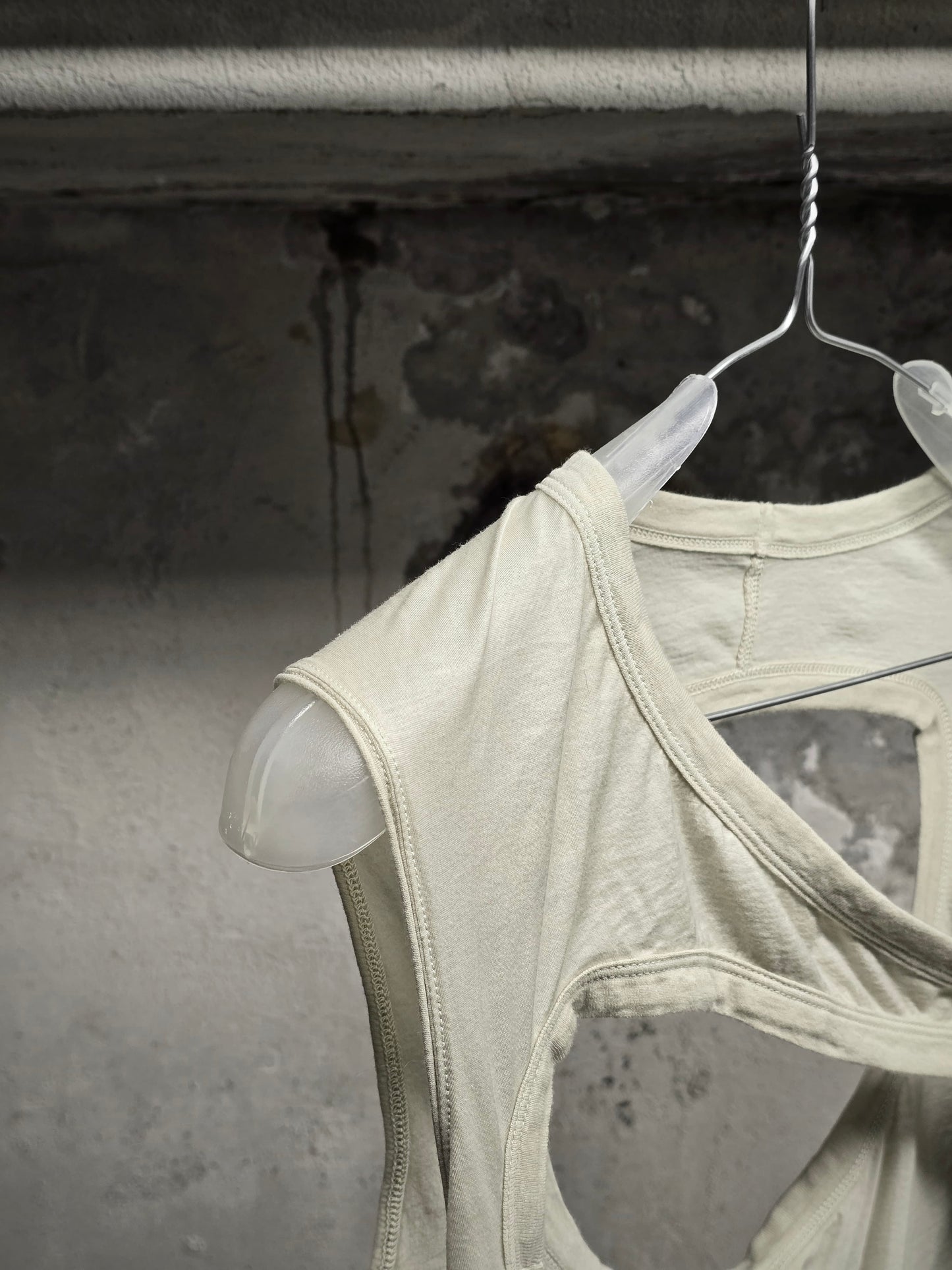 Rick Owens DRKSHDW SS24 "LIDO" PEARL Asymmetric Membrane III Long Tank Top detail | DRIEW GARMENTS