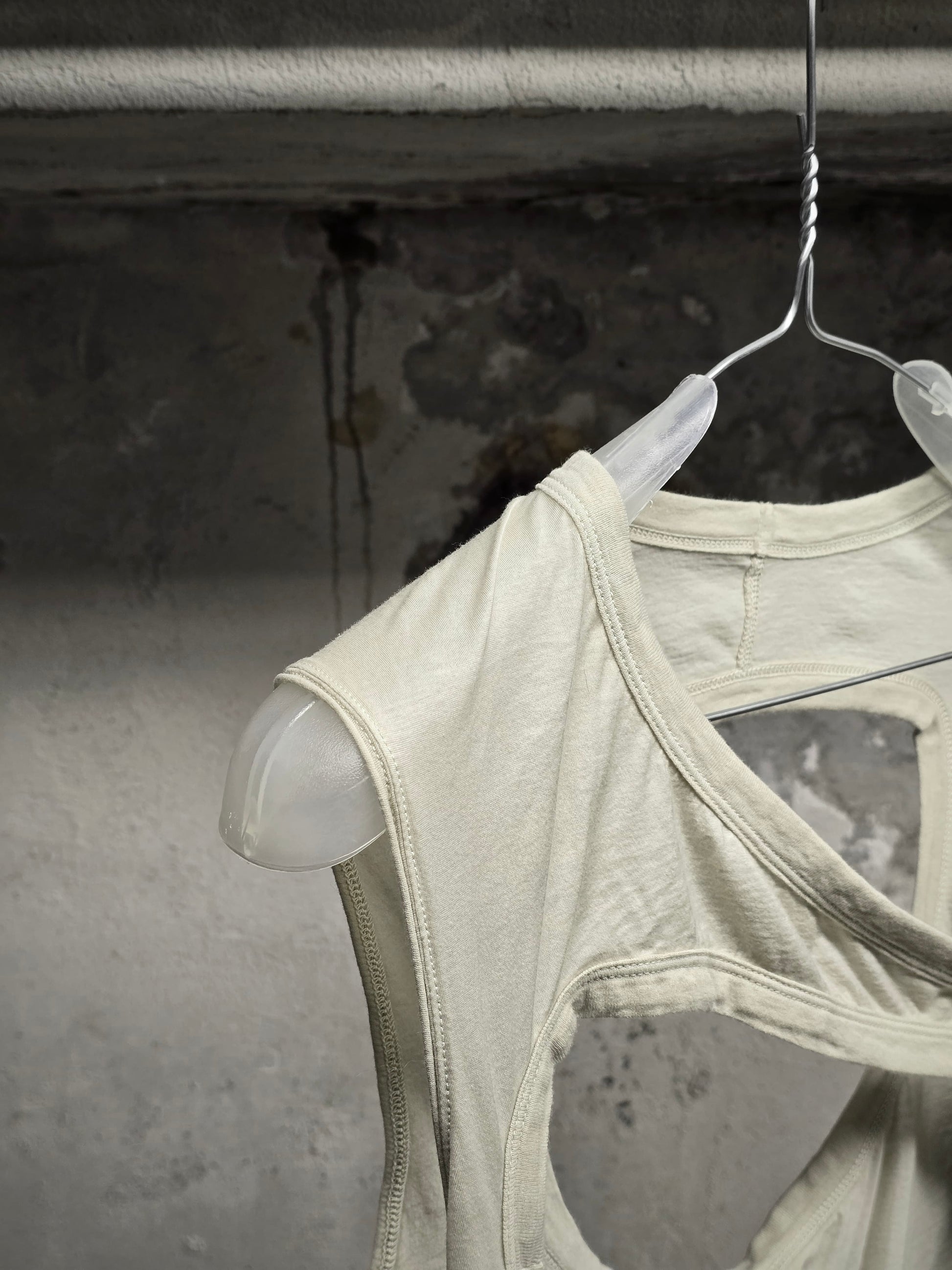 Rick Owens DRKSHDW SS24 "LIDO" PEARL Asymmetric Membrane III Long Tank Top detail | DRIEW GARMENTS