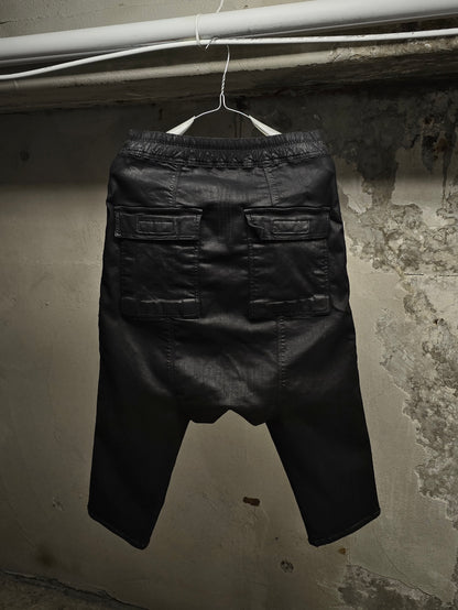Rick Owens DRKSHDW SS18 "DIRT" BLACK WAX Drop-crotch Capris detail | DRIEW GARMENTS