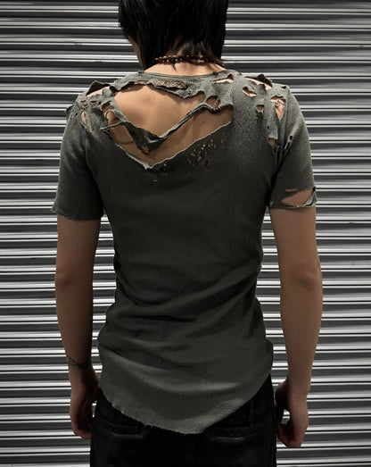 IfSixWasNine Early 00s ‘MUDMAX HSM/K04’ Distressed Ribbed Cotton T-shirt