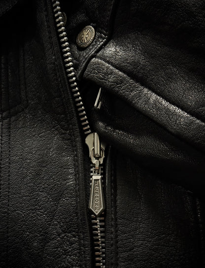 Close-up of a black leather jacket with a zipper and button