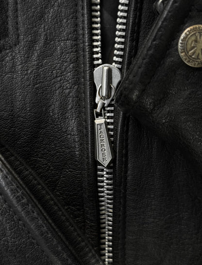 Close-up of a zipper on a black leather jacket with a brand logo.