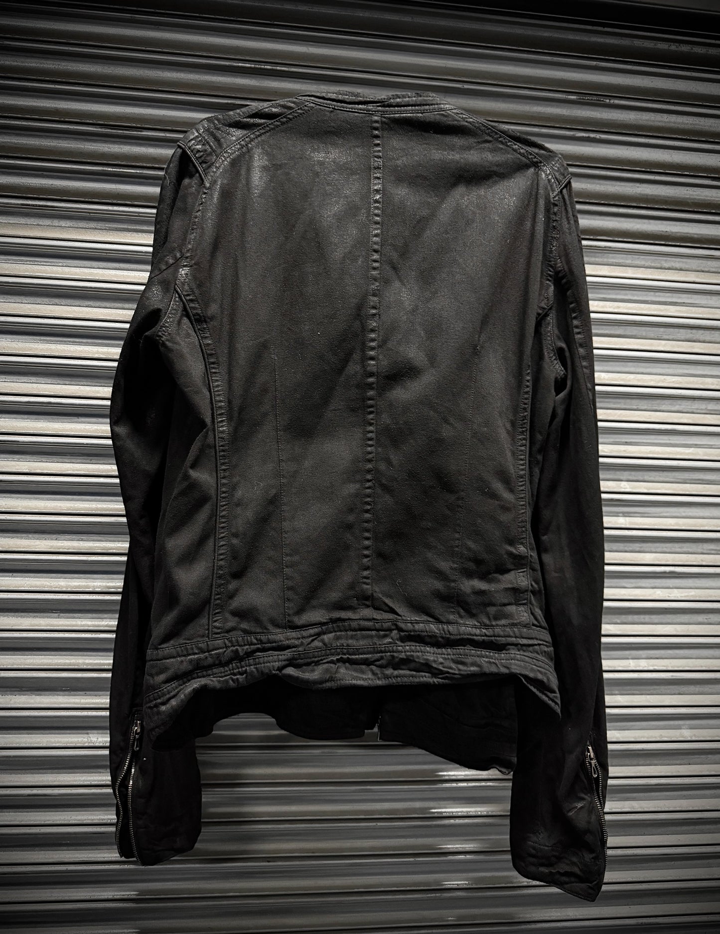 Julius_7 SS11 "Chaos ; Ontological Anarchism" Asymmetrical Zip Distressed Waxed 8oz Denim Rider Jacket