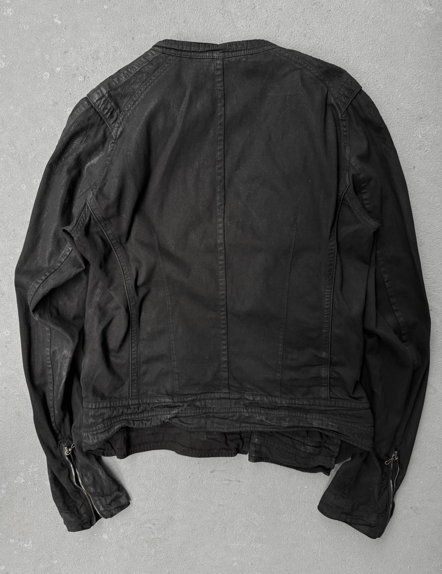 Julius_7 SS11 "Chaos ; Ontological Anarchism" Asymmetrical Zip Distressed Waxed 8oz Denim Rider Jacket