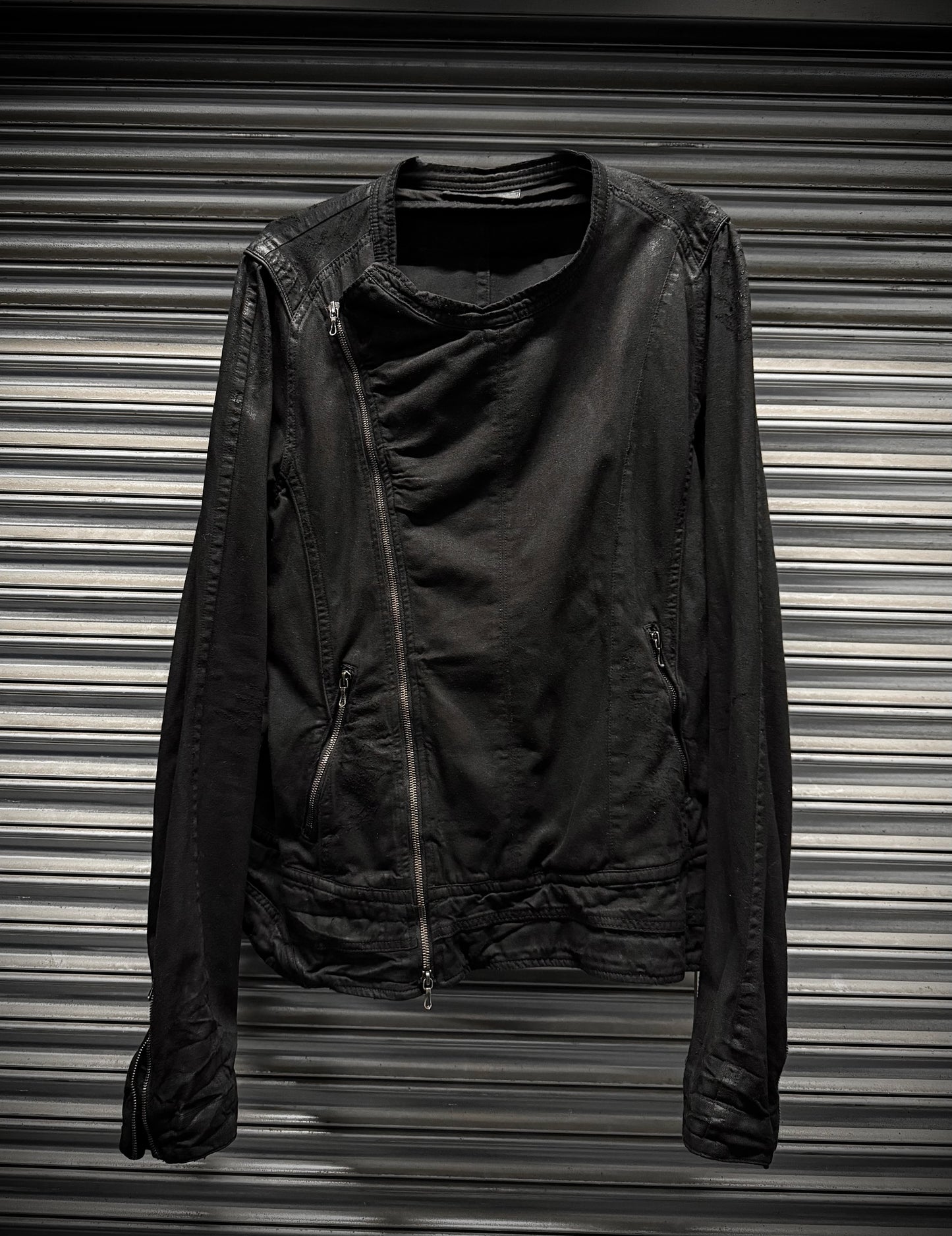 Julius_7 SS11 "Chaos ; Ontological Anarchism" Asymmetrical Zip Distressed Waxed 8oz Denim Rider Jacket