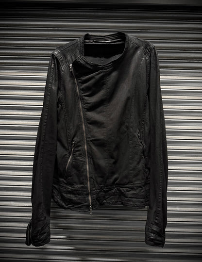 Julius_7 SS11 "Chaos ; Ontological Anarchism" Asymmetrical Zip Distressed Waxed 8oz Denim Rider Jacket