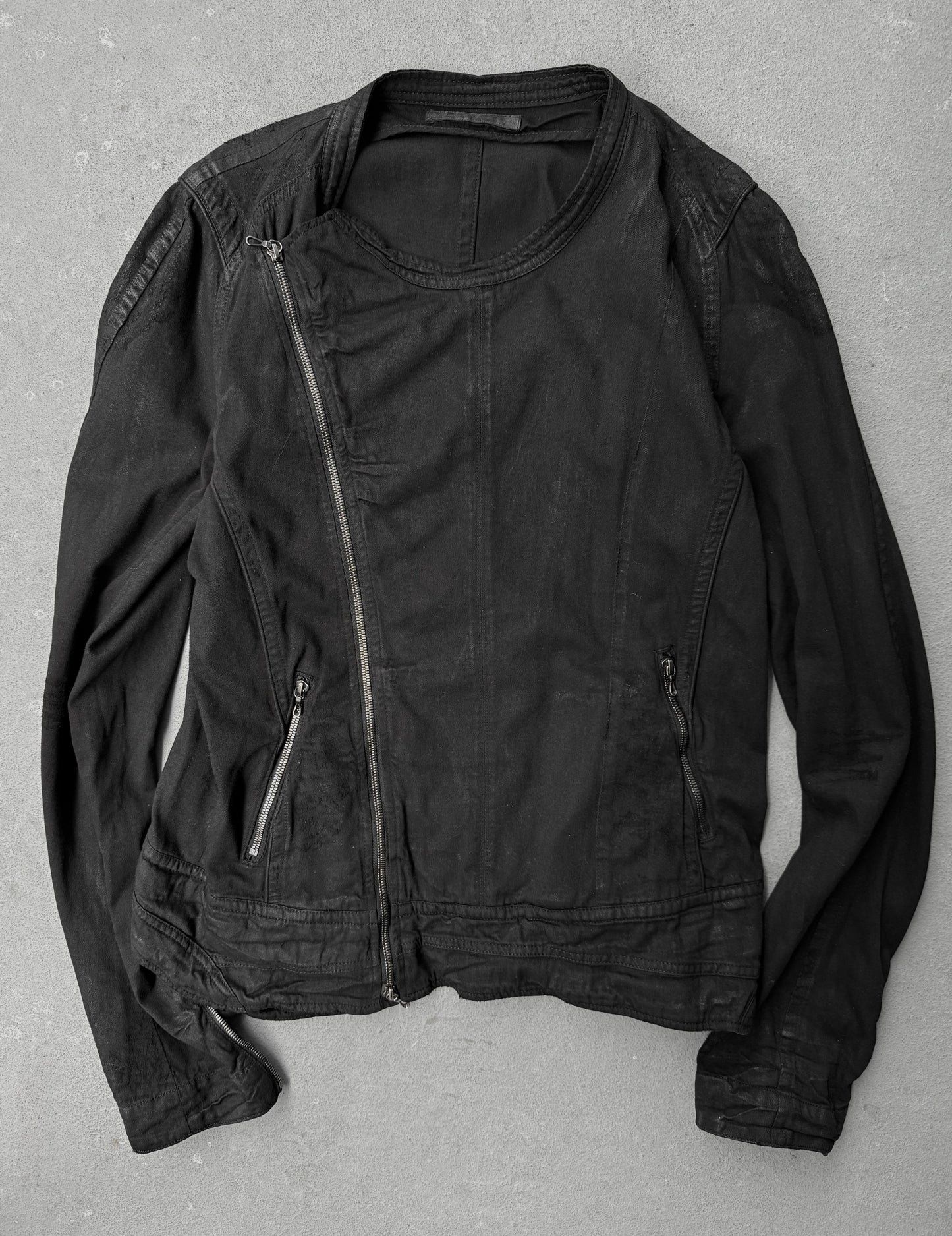 Julius_7 SS11 "Chaos ; Ontological Anarchism" Asymmetrical Zip Distressed Waxed 8oz Denim Rider Jacket