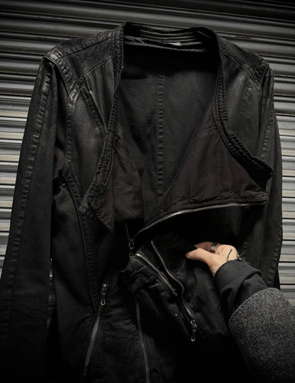 Julius_7 SS11 "Chaos ; Ontological Anarchism" Asymmetrical Zip Distressed Waxed 8oz Denim Rider Jacket