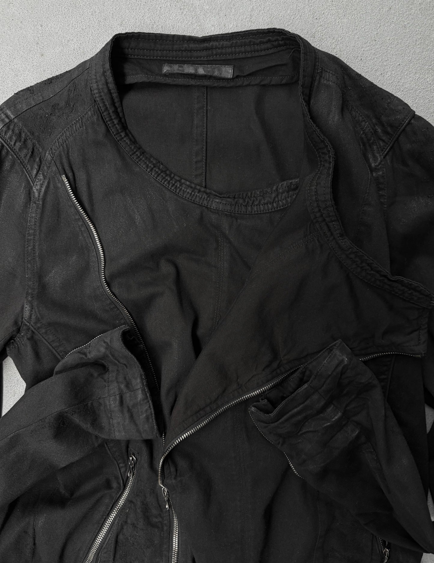 Julius_7 SS11 "Chaos ; Ontological Anarchism" Asymmetrical Zip Distressed Waxed 8oz Denim Rider Jacket