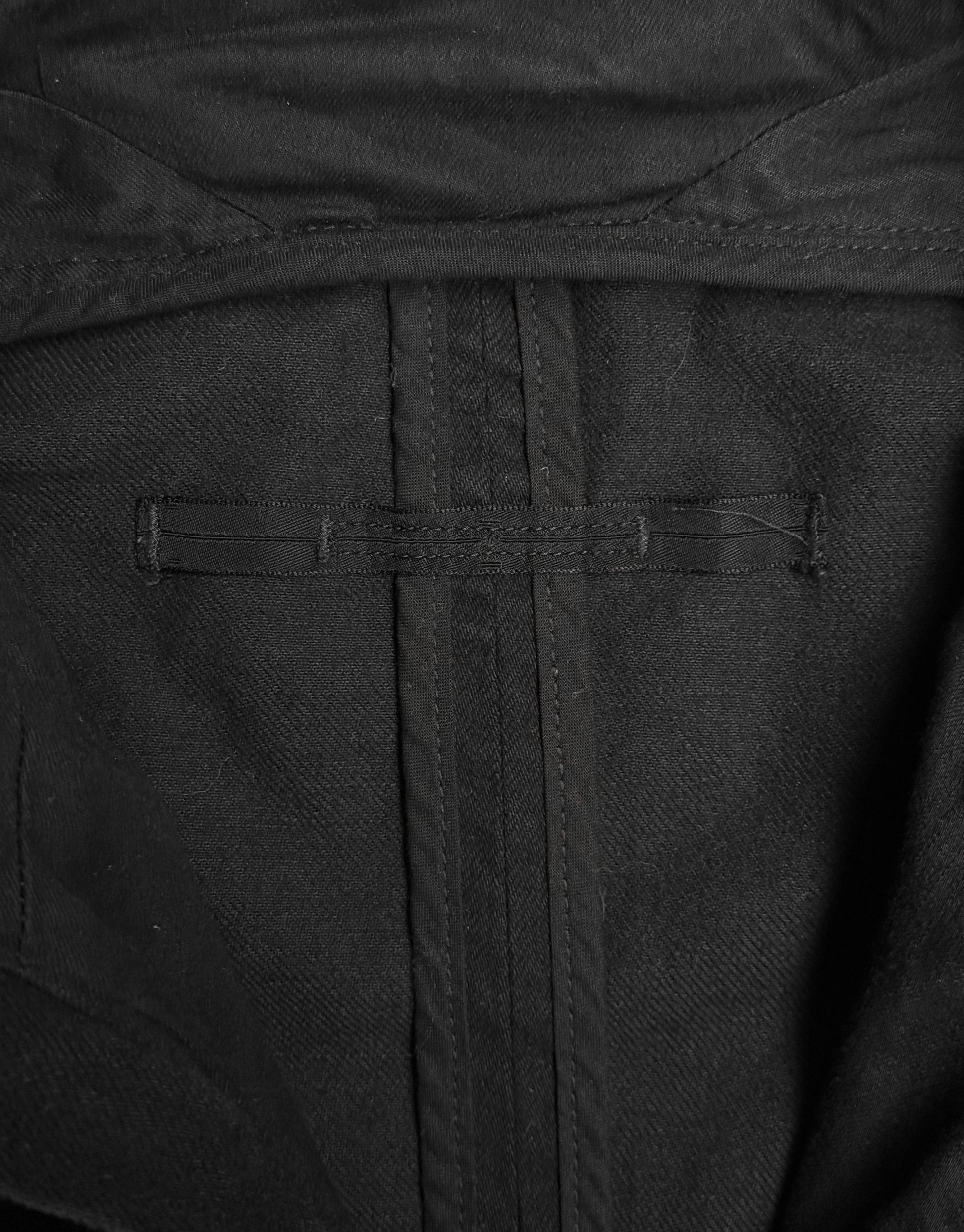 Close-up of a black jacket with a focus on the fabric texture and stitching.