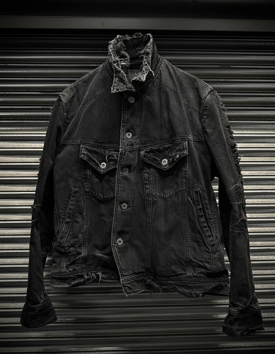 Dark denim jacket with frayed collar on a metallic background