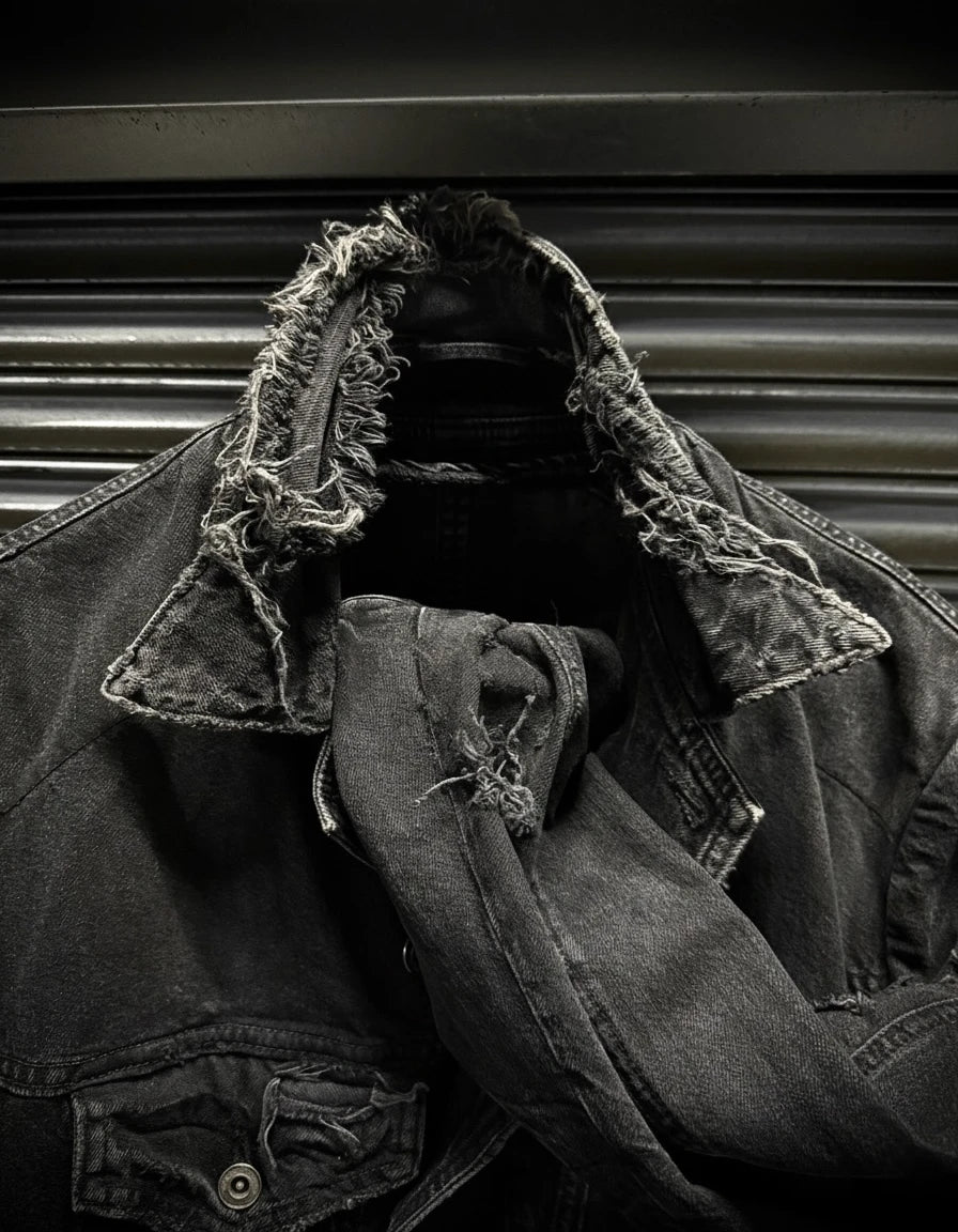 Person wearing a dark denim jacket with lace trim against a metallic background
