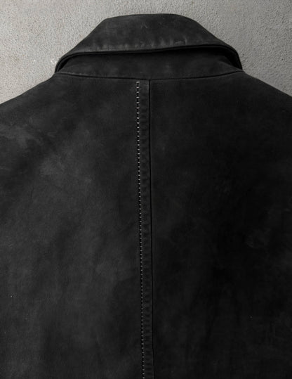 Close-up of a black leather jacket on a gray background