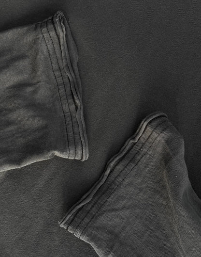 Close-up of dark gray pants with a focus on texture and folds.