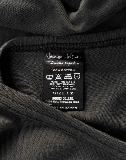 Clothing label on a dark gray hoodie with washing instructions and brand information.