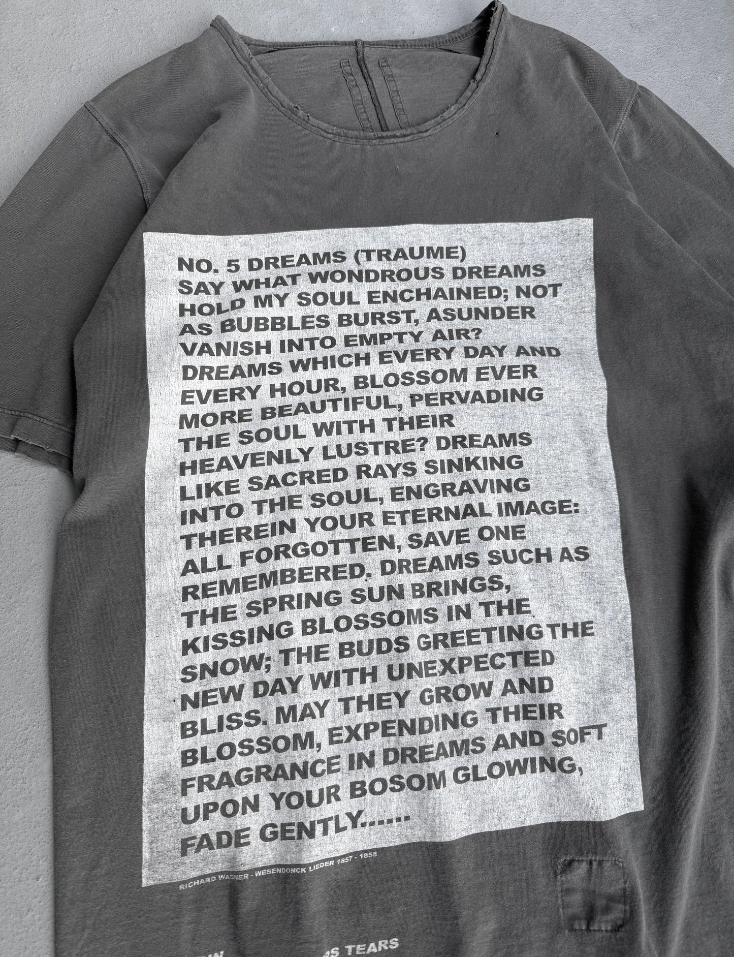 Gray t-shirt with printed text on a plain background