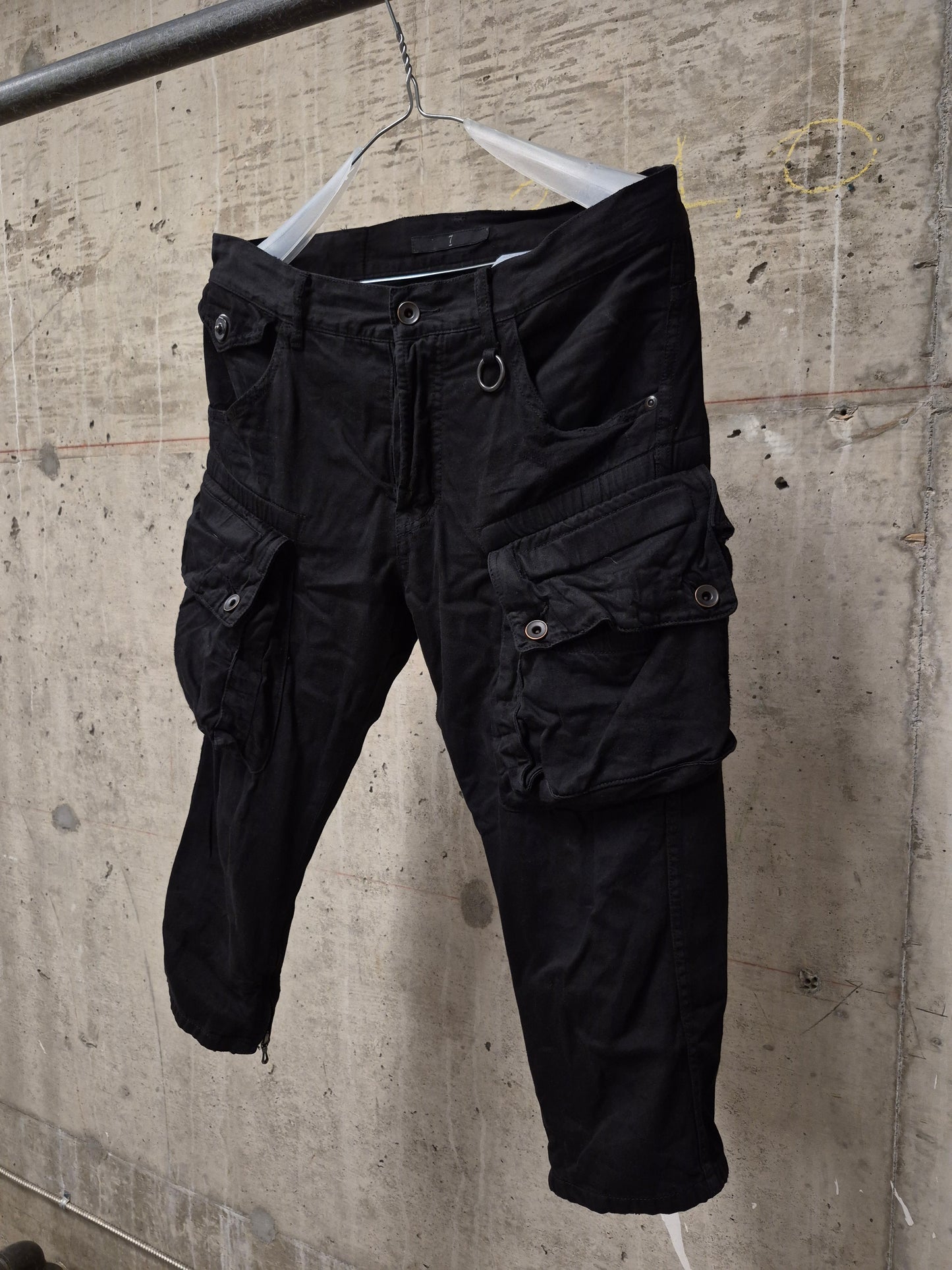 Julius_7 SS11 “Chaos ; Ontological Anarchism” Black 8oz Cotton Denim Distressed Gas-Mask Cargo Capris