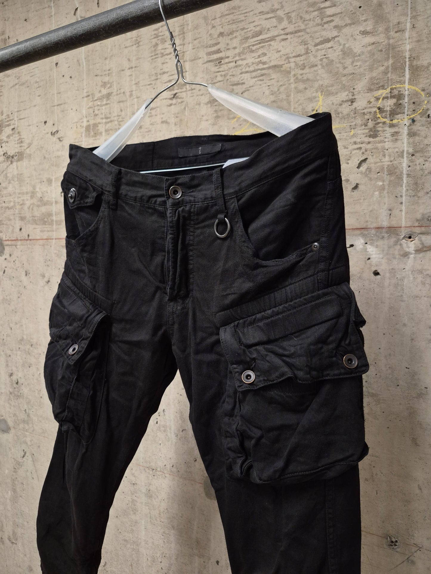 Julius_7 SS11 “Chaos ; Ontological Anarchism” Black 8oz Cotton Denim Distressed Gas-Mask Cargo Capris
