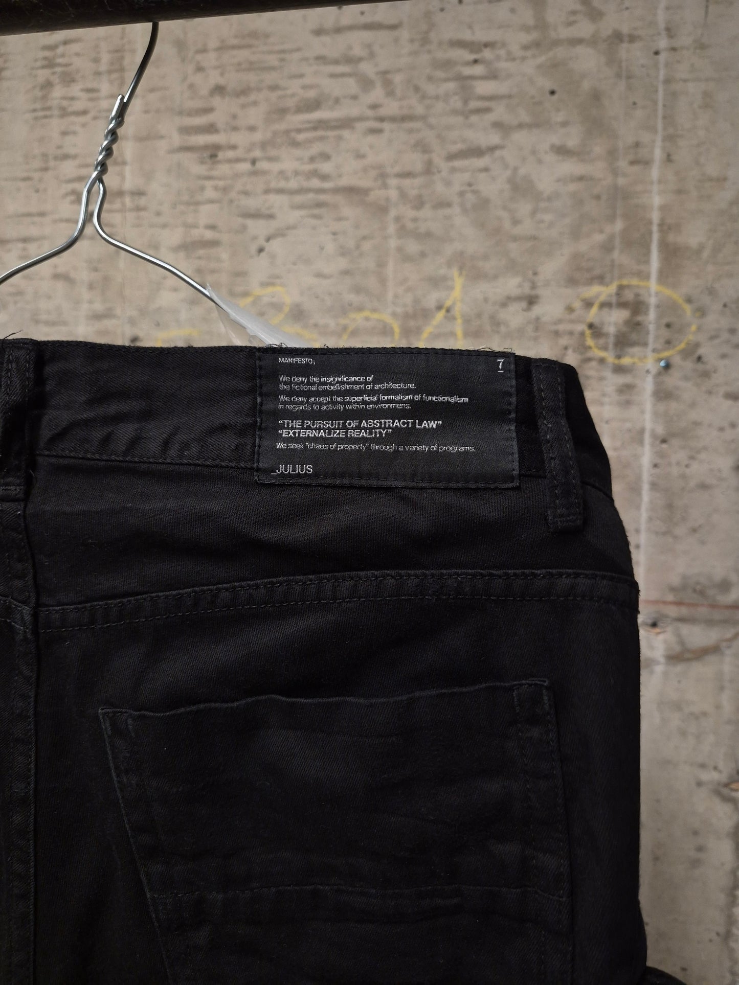 Julius_7 SS11 “Chaos ; Ontological Anarchism” Black 8oz Cotton Denim Distressed Gas-Mask Cargo Capris